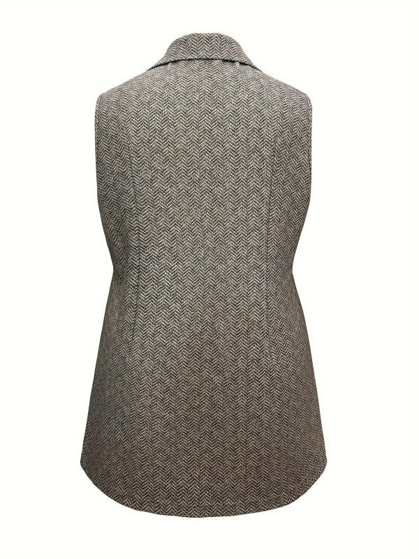 Moteriška be rankovių liemenė su gėlėtu languotu raštu, audinys poliesteris/elastanas, švarko tipo apykaklė, dvigubo užsegimo, vidutinio ilgio, visoms metų laikams