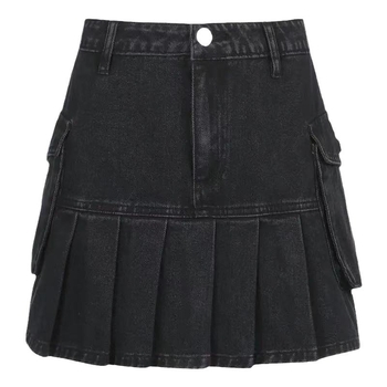 Γυναικεία denim φούστα με πλισέ, μονόχρωμη, Άνοιξη 2024, στυλ Πριγκίπισσα, μη-σίδερο, 50–70% Πολυεστέρας