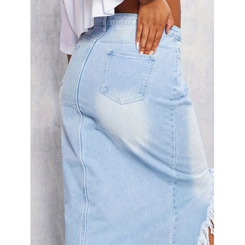 Τζιν φούστα με ασύμμετρο τελείωμα, υψηλή μέση, μεσαίου μήκους, 80–90% βαμβάκι, στυλ ιαπωνο-κορεατικό χαλαρό