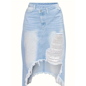 Τζιν φούστα με ασύμμετρο τελείωμα, υψηλή μέση, μεσαίου μήκους, 80–90% βαμβάκι, στυλ ιαπωνο-κορεατικό χαλαρό