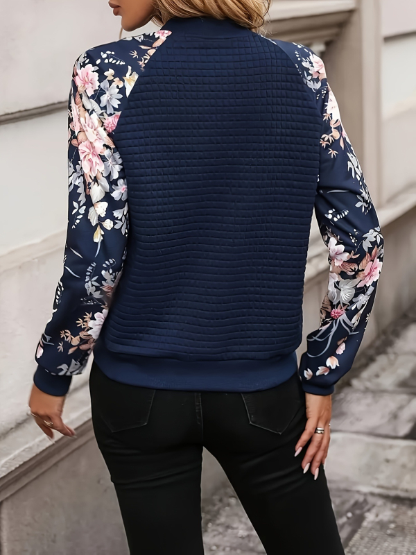 Női dzseki raglán ujjakkal, cipzár, álló gallér, virágos mintázat, poliészter-elasztán keverék