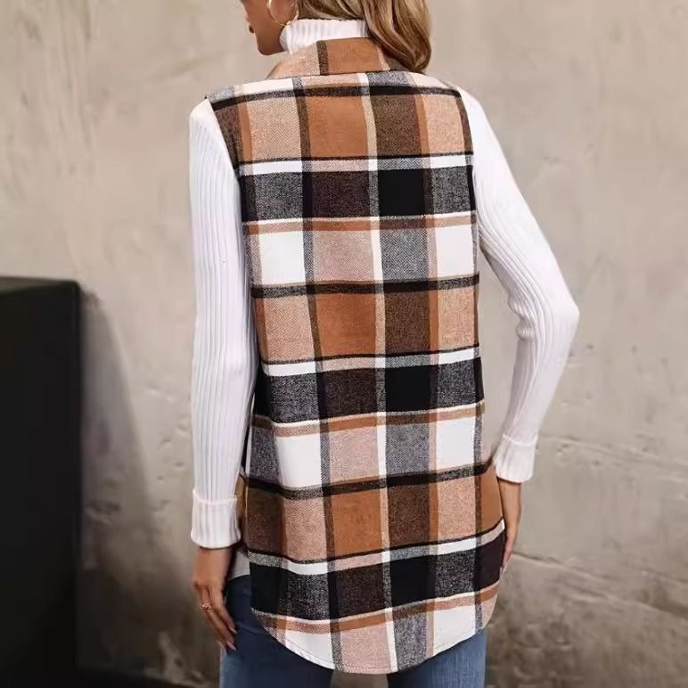 Naiste polüesterist ruuduline vest särk-kaelusega, vaba lõige, keskmine pikkus