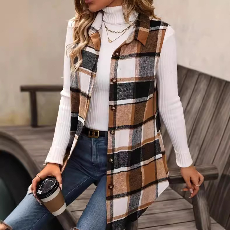 Naiste polüesterist ruuduline vest särk-kaelusega, vaba lõige, keskmine pikkus