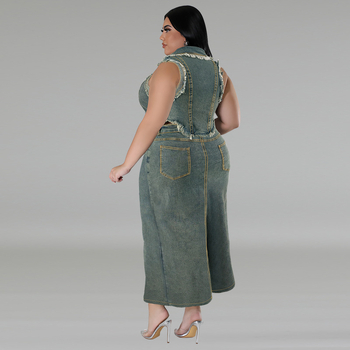 Дамски дънков костюм за плюс размери с ресни и цип, дълга пола, полиестер-еластанова смес, пролет 2024