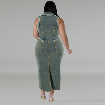 Дамски дънков костюм за плюс размери с ресни и цип, дълга пола, полиестер-еластанова смес, пролет 2024