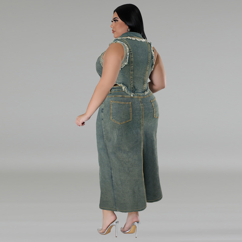 Дамски дънков костюм за плюс размери с ресни и цип, дълга пола, полиестер-еластанова смес, пролет 2024