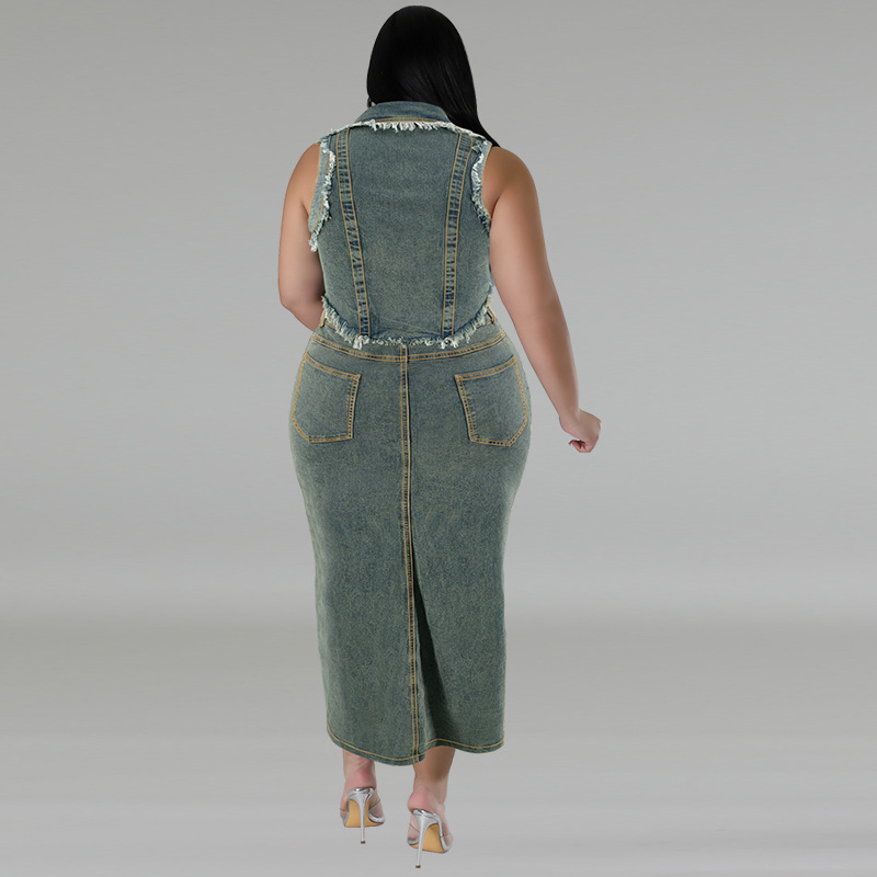 Дамски дънков костюм за плюс размери с ресни и цип, дълга пола, полиестер-еластанова смес, пролет 2024