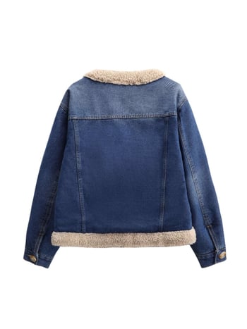 Palton denim pentru femei, căptușit cu fleece, umplutură groasă de bumbac, guler rotund, mâneci lungi, croială lejeră