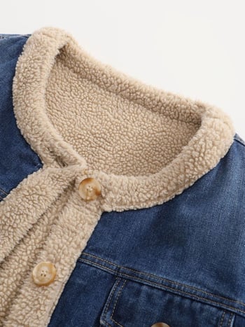 Palton denim pentru femei, căptușit cu fleece, umplutură groasă de bumbac, guler rotund, mâneci lungi, croială lejeră