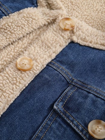 Palton denim pentru femei, căptușit cu fleece, umplutură groasă de bumbac, guler rotund, mâneci lungi, croială lejeră