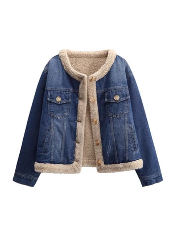 Palton denim pentru femei, căptușit cu fleece, umplutură groasă de bumbac, guler rotund, mâneci lungi, croială lejeră