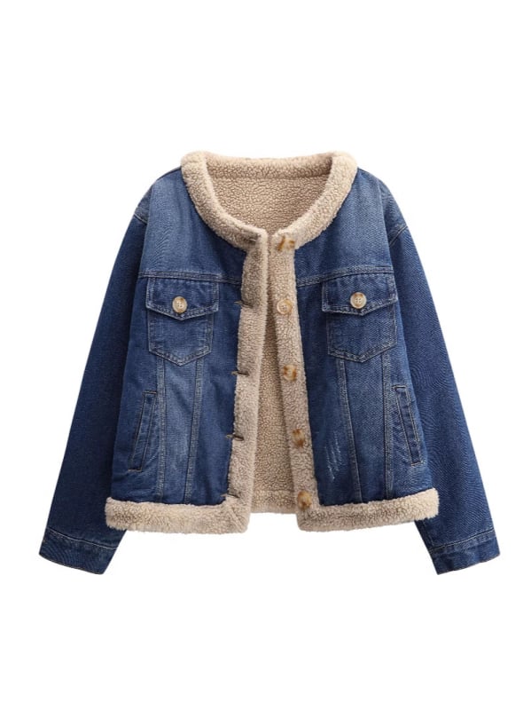 Palton denim pentru femei, căptușit cu fleece, umplutură groasă de bumbac, guler rotund, mâneci lungi, croială lejeră