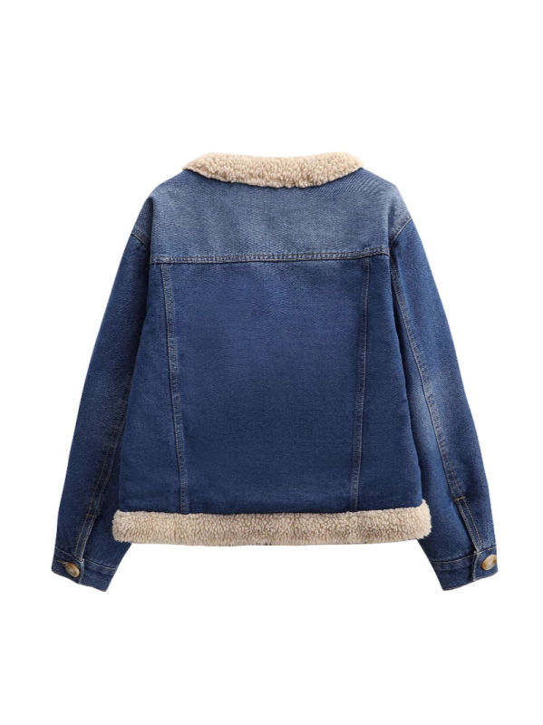 Palton denim pentru femei, căptușit cu fleece, umplutură groasă de bumbac, guler rotund, mâneci lungi, croială lejeră