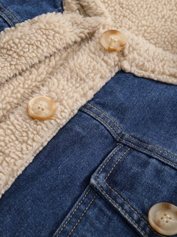 Palton denim pentru femei, căptușit cu fleece, umplutură groasă de bumbac, guler rotund, mâneci lungi, croială lejeră