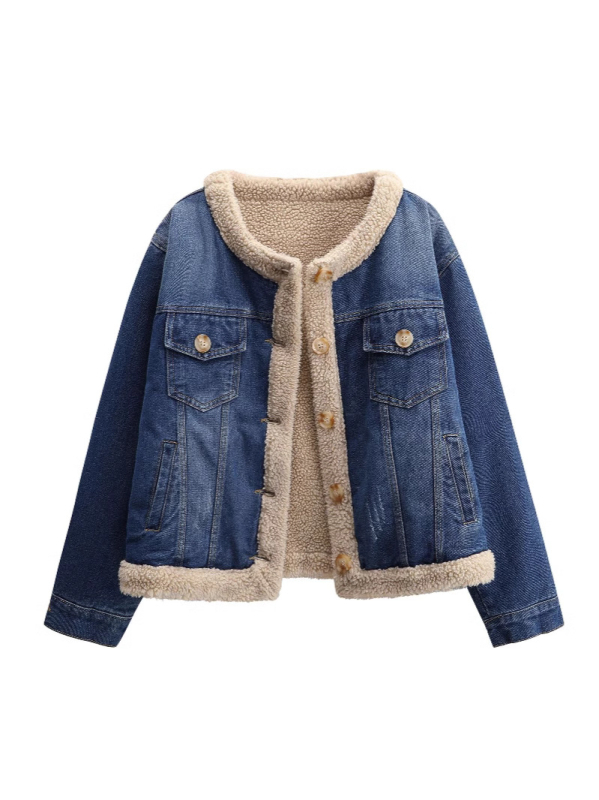 Palton denim pentru femei, căptușit cu fleece, umplutură groasă de bumbac, guler rotund, mâneci lungi, croială lejeră