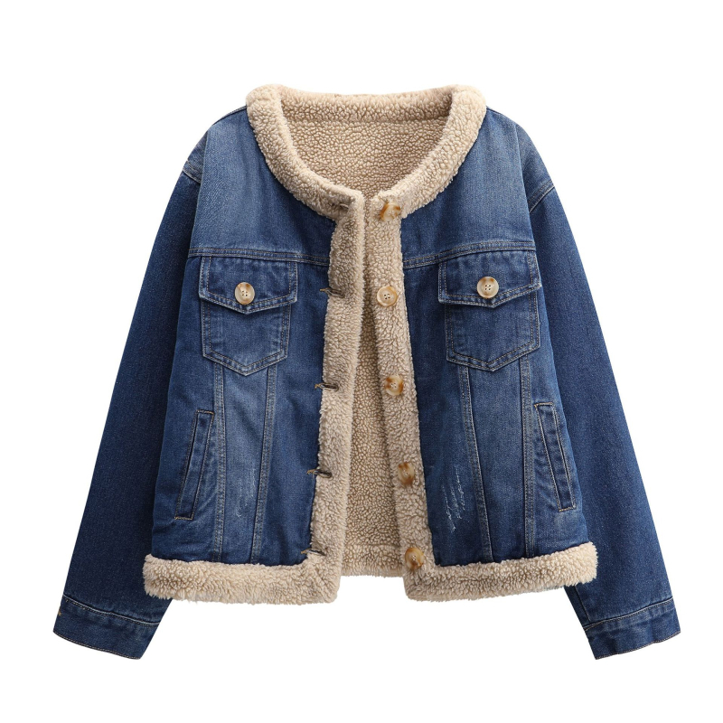 Palton denim pentru femei, căptușit cu fleece, umplutură groasă de bumbac, guler rotund, mâneci lungi, croială lejeră