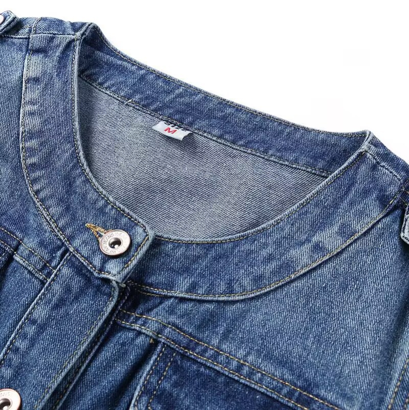 Γυναικείο τζιν μπουφάν σε κορεατικό στυλ, στρογγυλό λαιμό, μακριά μανίκια, στενή γραμμή, μήκος 50–65 cm, μάρκα Tang Cool