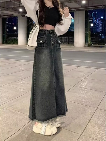 Φούστα από ντένιμ με υψηλή μέση, Α-γραμμής μίντι, φθινοπωρινή 2023