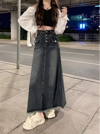 Φούστα από ντένιμ με υψηλή μέση, Α-γραμμής μίντι, φθινοπωρινή 2023