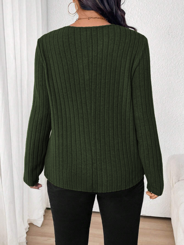 Női V-nyakú felső, laza szabás, hosszú ujjú, egyszínű, poliészter-spandex keverék