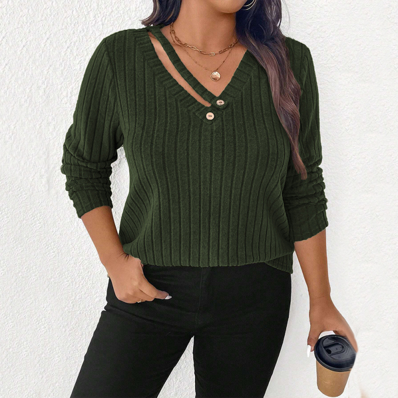 Női V-nyakú felső, laza szabás, hosszú ujjú, egyszínű, poliészter-spandex keverék