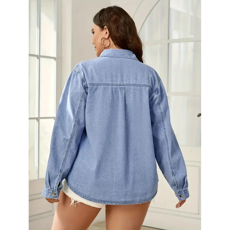 Дънкова дамска риза с дълги ръкави и квадратно деколте, свободна кройка, смес памук-еластан, есен 2025, стил уличен хипстър