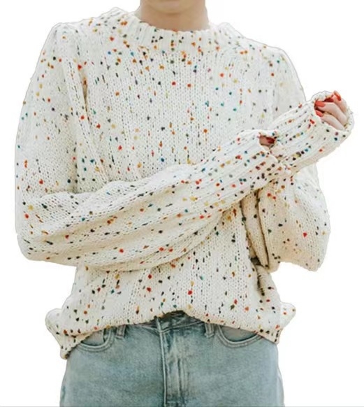 Ženski džemper s širokim krojem, točkasti uzorak, pleteni od poliester-akril, okrugli izrez, dugi rukavi