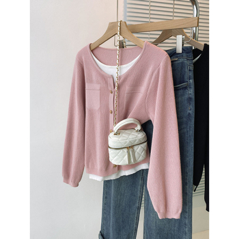 Hosszú ujjú kardigán színblokkolt dizájnnal, hamis két részes hatás, laza vonal, lámpa ujjak, fél-nyitott gallér, egygombos zárás