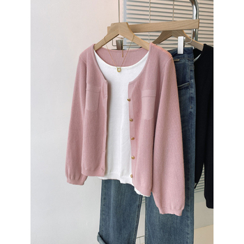 Hosszú ujjú kardigán színblokkolt dizájnnal, hamis két részes hatás, laza vonal, lámpa ujjak, fél-nyitott gallér, egygombos zárás