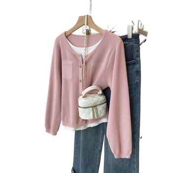 Hosszú ujjú kardigán színblokkolt dizájnnal, hamis két részes hatás, laza vonal, lámpa ujjak, fél-nyitott gallér, egygombos zárás