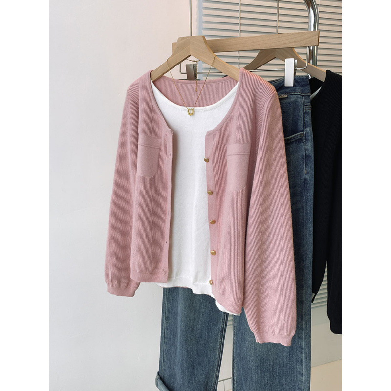 Hosszú ujjú kardigán színblokkolt dizájnnal, hamis két részes hatás, laza vonal, lámpa ujjak, fél-nyitott gallér, egygombos zárás