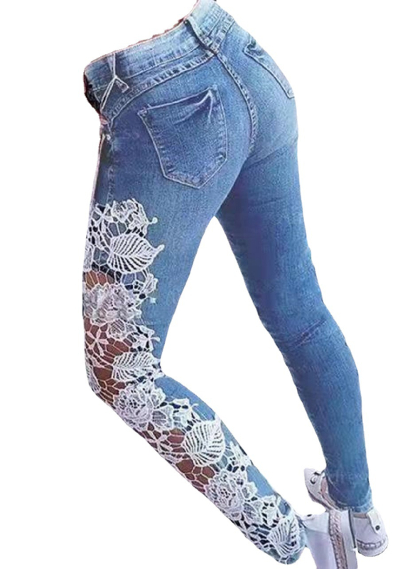 Дамски дънки с дантелени панели и прорези, средна талия, тесен силует