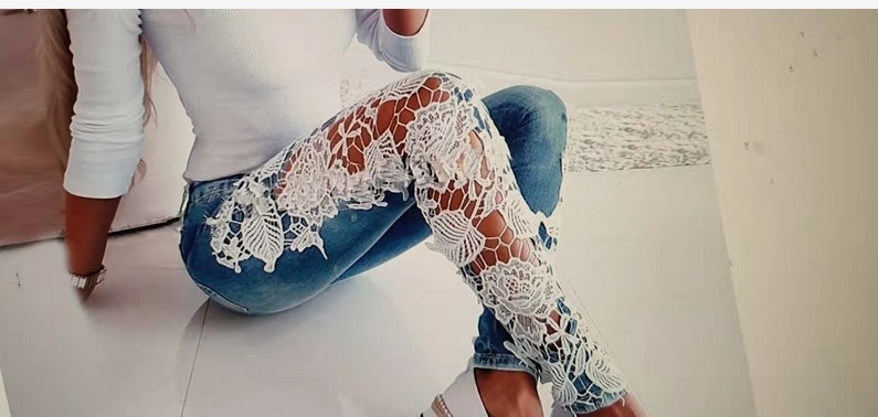 Дамски дънки с дантелени панели и прорези, средна талия, тесен силует