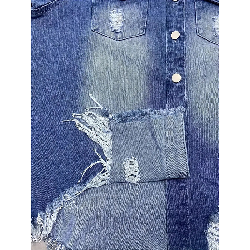 Τζιν μπουφάν για γυναίκες, χαλαρή γραμμή, μακριά μανίκια, σκισμένο σχέδιο, τετράγωνος γιακά