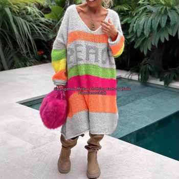 Γυναικείος πλεκτός πουλόβερ με V-λαιμό, ύφασμα πολυεστέρα, σχέδιο κολλάζ/ραφή, μοτίβο κειμένου