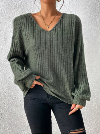 Γυναικείος πλεκτός πουλόβερ με V-λαιμό, μακριά μανίκια, ύφασμα ριβ, πολυεστέρας-σπάντεξ 95%+, πάνελ σχέδιο, χαλαρή γραμμή