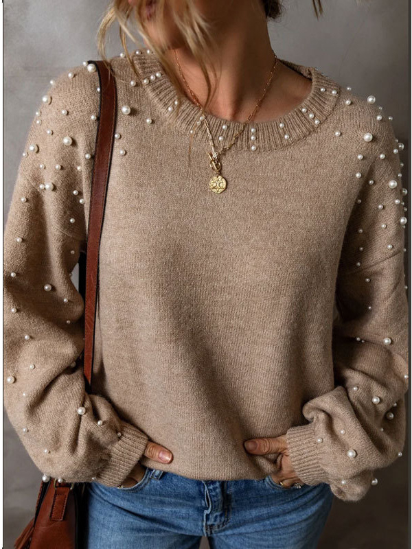 Női gyöngyös pulóver, lazán szabott, akril, hosszú ujjú, kerek nyak, tél 2024