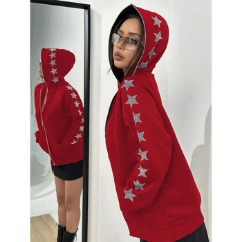 Cardigan cu glugă și fermoar, stea cu cinci colțuri cu cristale, poliester, croială lejeră, mâneci lungi