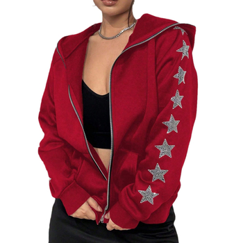 Cardigan cu glugă și fermoar, stea cu cinci colțuri cu cristale, poliester, croială lejeră, mâneci lungi