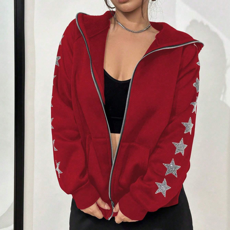 Cardigan cu glugă și fermoar, stea cu cinci colțuri cu cristale, poliester, croială lejeră, mâneci lungi