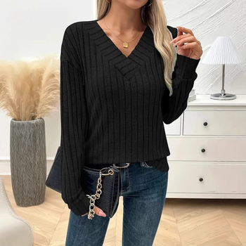 Μπλούζα T-shirt με μακριά μανίκια, V-λαιμόκοψη, χαλαρή γραμμή; πολυεστέρας και βιολογικό βαμβάκι σε μείγμα (50-70% πολυεστέρα, 30-50% βιολογικό βαμβάκι)