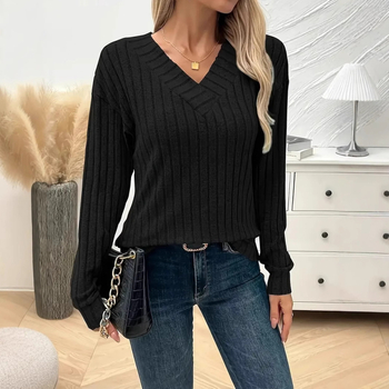 Μπλούζα T-shirt με μακριά μανίκια, V-λαιμόκοψη, χαλαρή γραμμή; πολυεστέρας και βιολογικό βαμβάκι σε μείγμα (50-70% πολυεστέρα, 30-50% βιολογικό βαμβάκι)