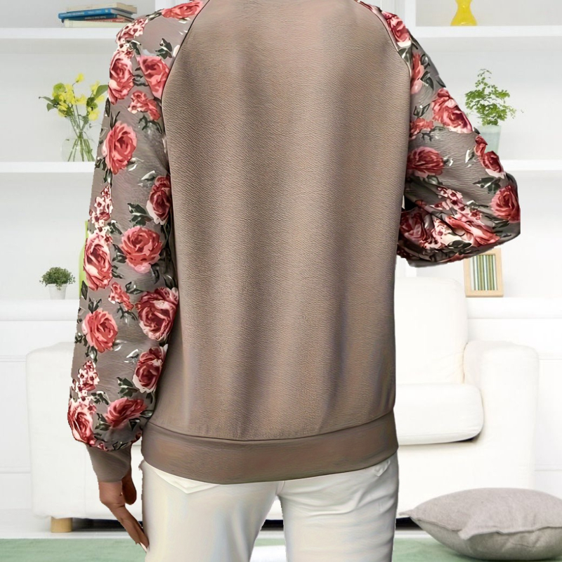 Pulover cu model floral, poliester, guler rotund, mâneci lungi, croială slim