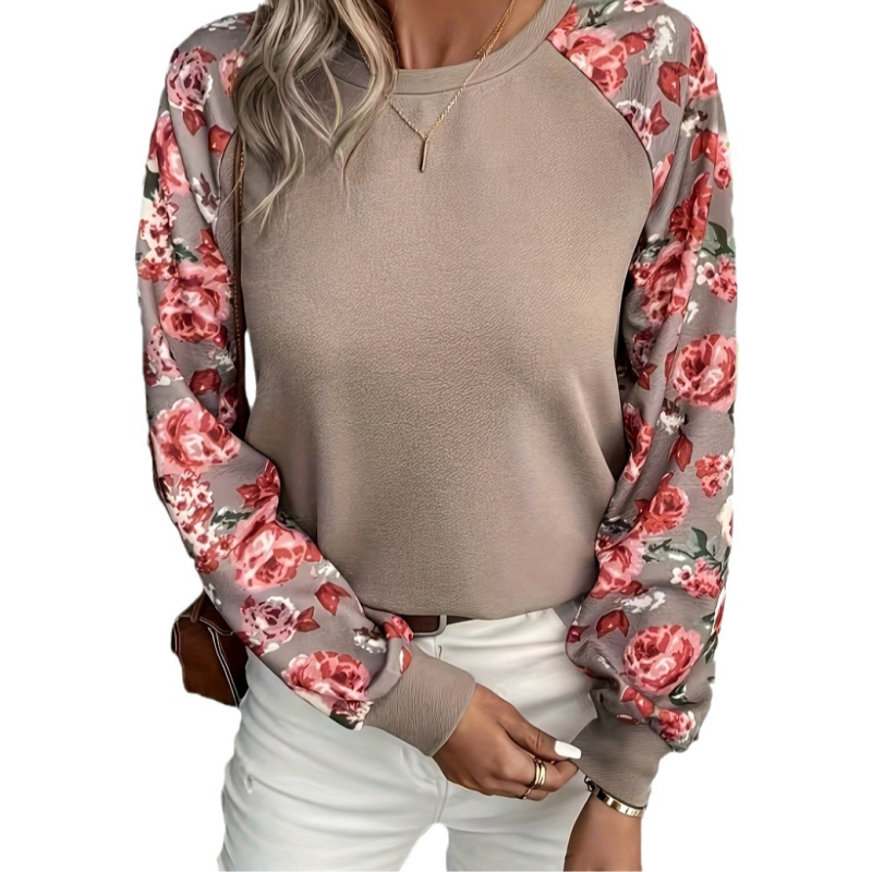 Pulover cu model floral, poliester, guler rotund, mâneci lungi, croială slim