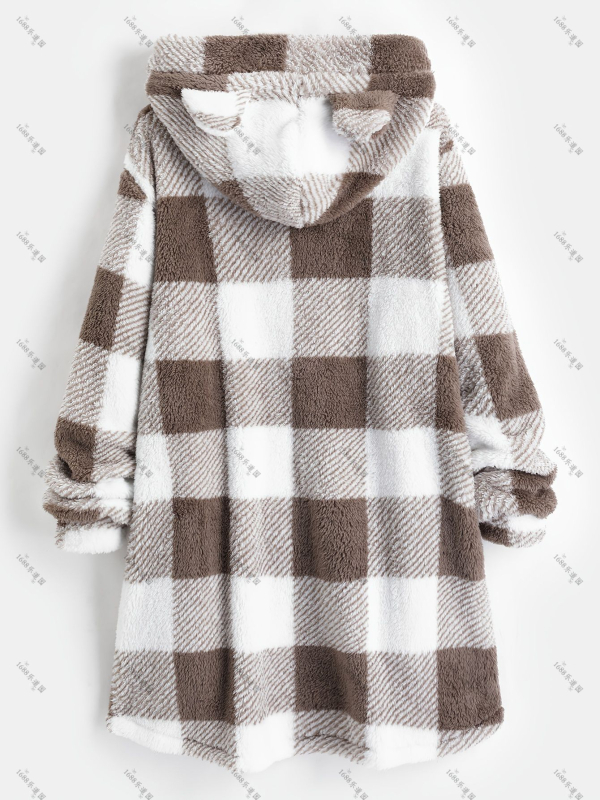 Γυναικεία μακρύ μπουφάν με κουκούλα σε καρό σχέδιο, παχύ πολυεστέρα