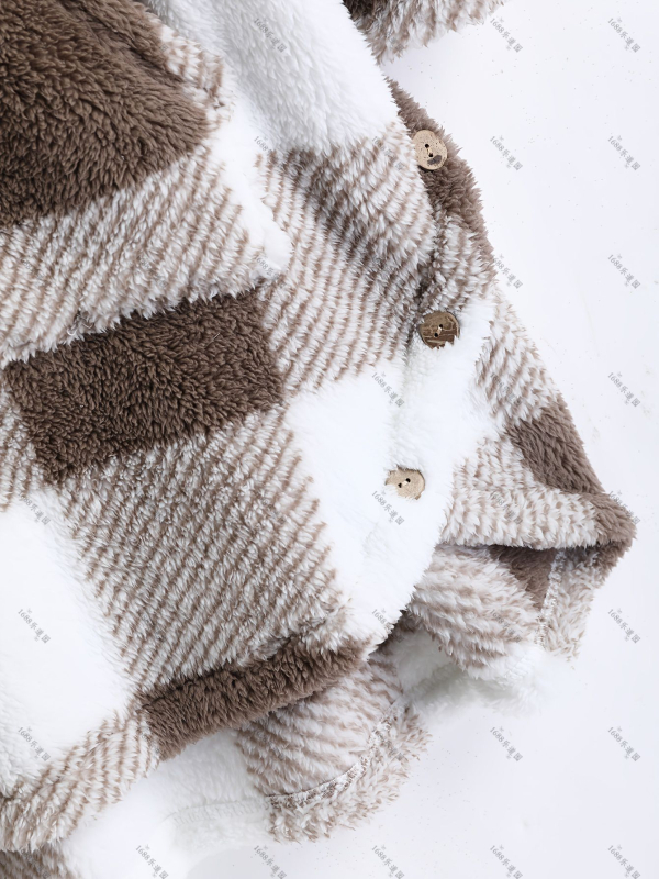 Γυναικεία μακρύ μπουφάν με κουκούλα σε καρό σχέδιο, παχύ πολυεστέρα