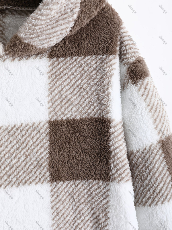 Γυναικεία μακρύ μπουφάν με κουκούλα σε καρό σχέδιο, παχύ πολυεστέρα