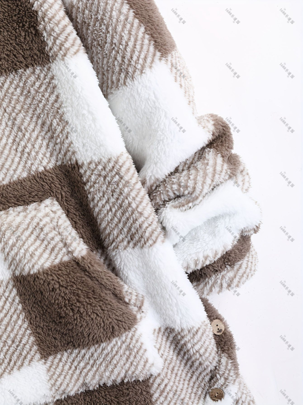 Γυναικεία μακρύ μπουφάν με κουκούλα σε καρό σχέδιο, παχύ πολυεστέρα