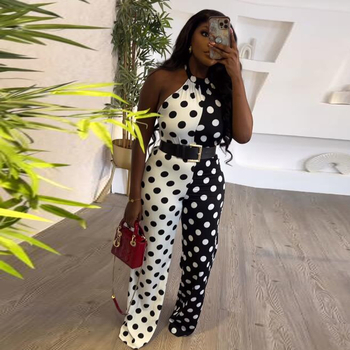 Φόρμα ολόσωμη με halter λαιμό και κορδόνι, εκτύπωση πουά, Milk Silk ύφασμα, πολυεστέρας ελαστικός, ευθύς σιλουέτα