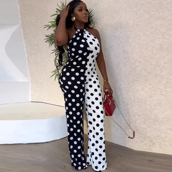 Φόρμα ολόσωμη με halter λαιμό και κορδόνι, εκτύπωση πουά, Milk Silk ύφασμα, πολυεστέρας ελαστικός, ευθύς σιλουέτα